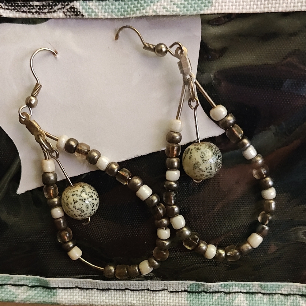 Beaded Hoop Earrings with Speckled Stone Accent - Neutral Tones